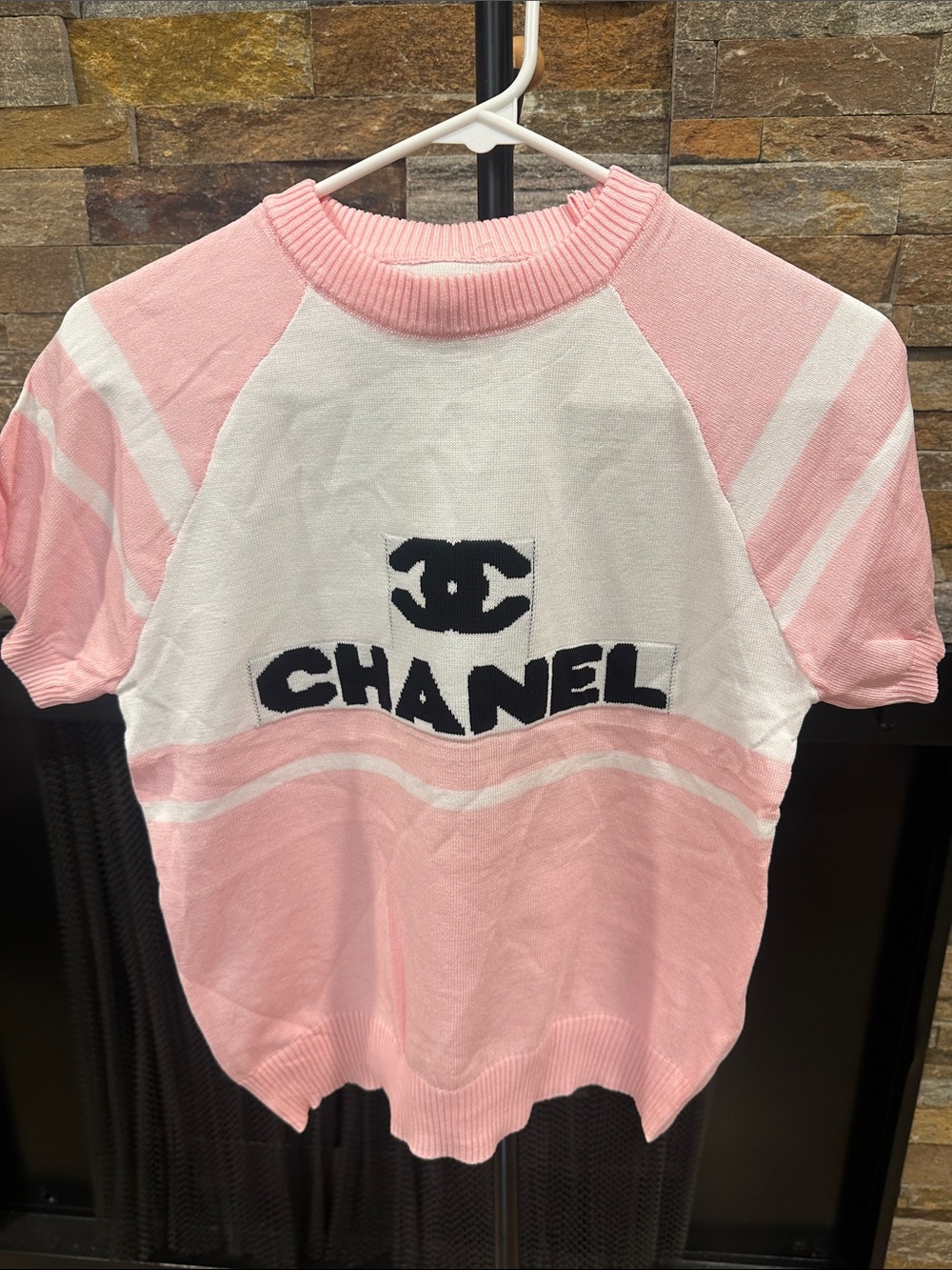 Pink & White Short Sleeve Logo Top size S
